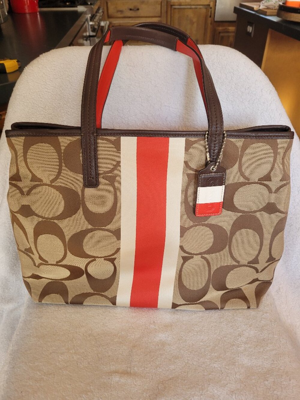 Coach Hamptons khaki red signature stripe tote